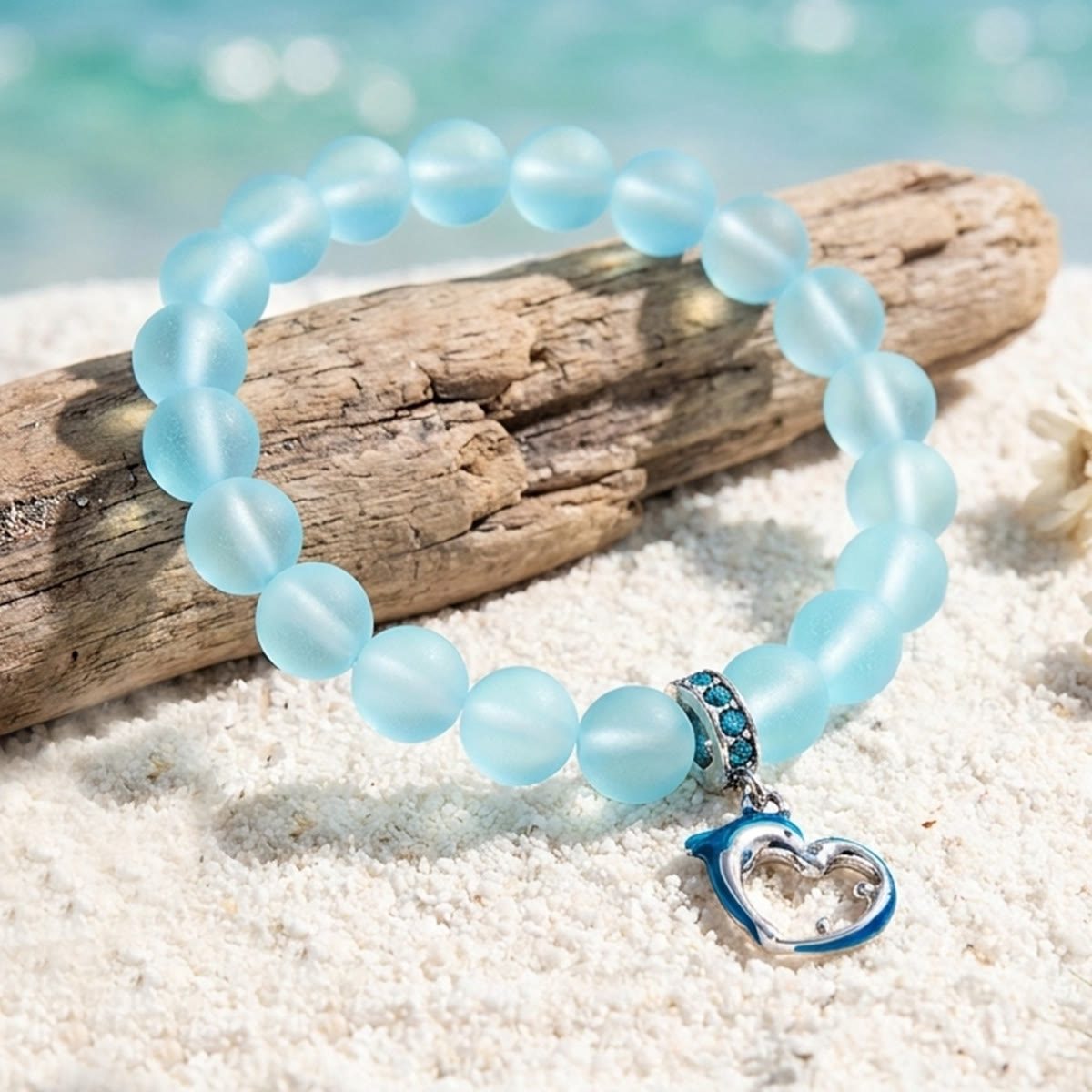 Ocean Guardian Dolphin Bracelet - Handmade Recycled 8mm Frosted Sea Glass Beads With Dolphin Charm - image 5