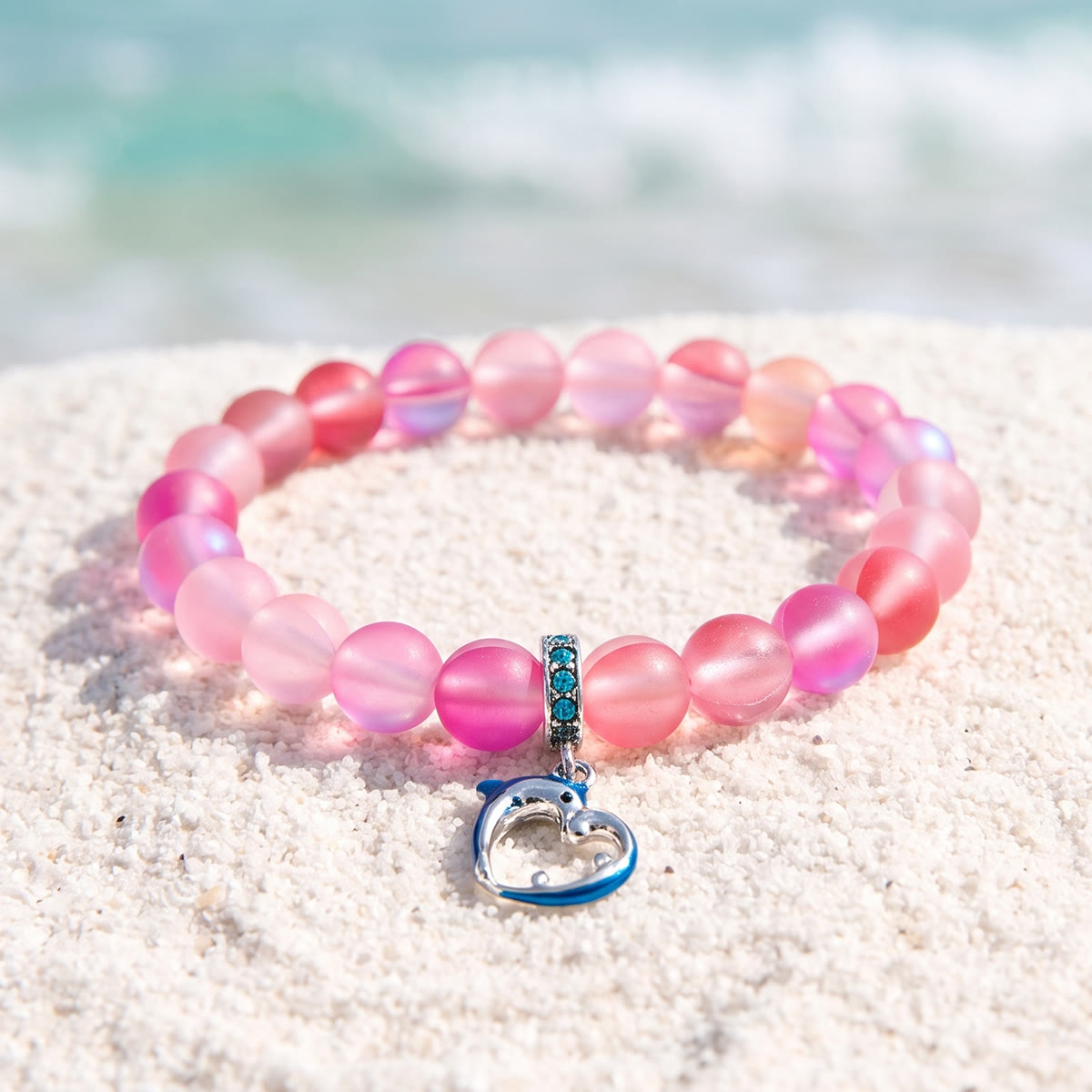Ocean Guardian Dolphin Bracelet - Handmade Recycled 8mm Frosted Sea Glass Beads With Dolphin Charm - Rose Red - Approx. 6.93"/17.6cm - image 7