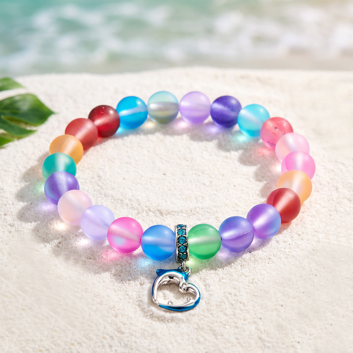 Ocean Guardian Dolphin Bracelet - Handmade Recycled 8mm Frosted Sea Glass Beads With Dolphin Charm - Rainbow - Approx. 6.93"/17.6cm - image 10