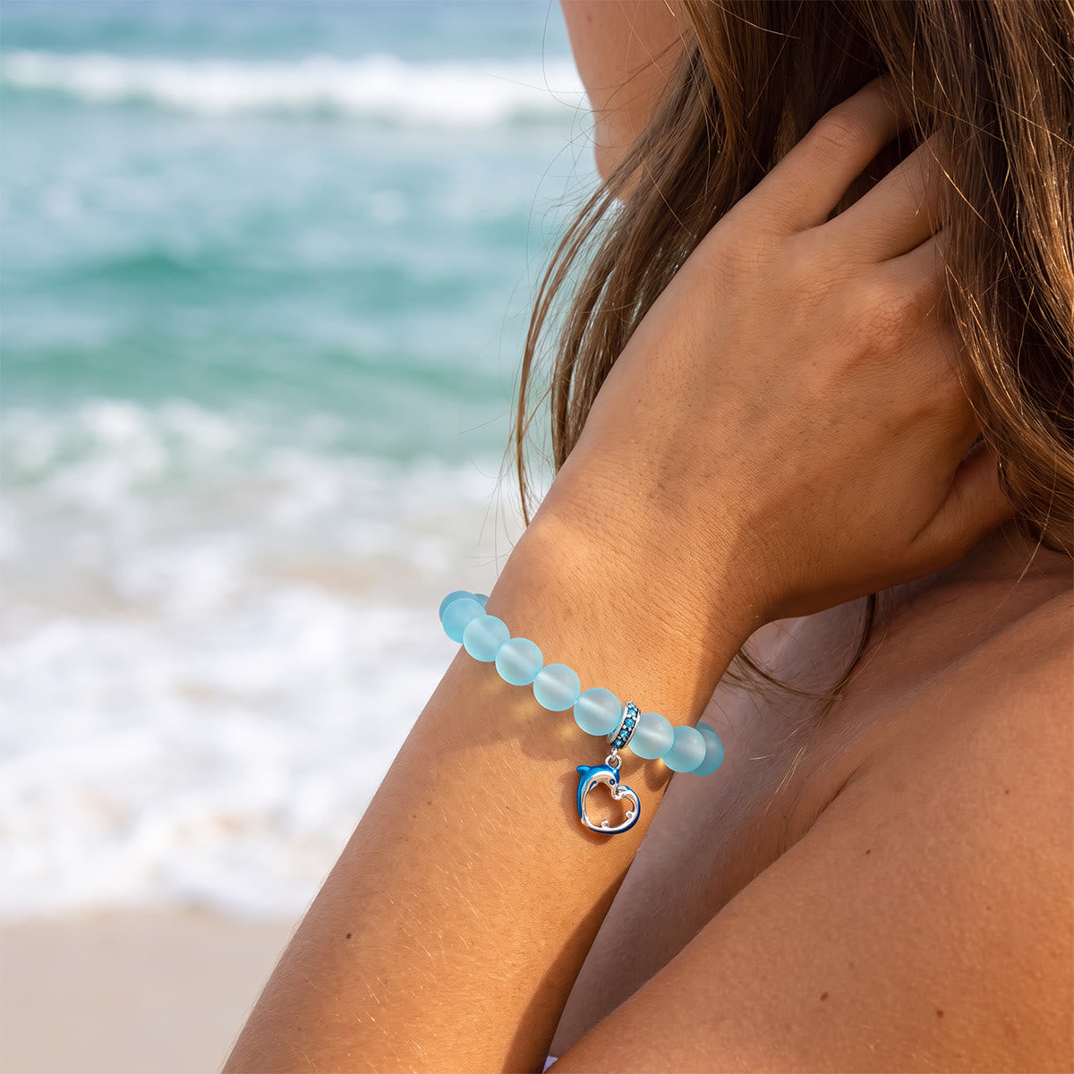 Ocean Guardian Dolphin Bracelet - Handmade Recycled 8mm Frosted Sea Glass Beads With Dolphin Charm - image 1