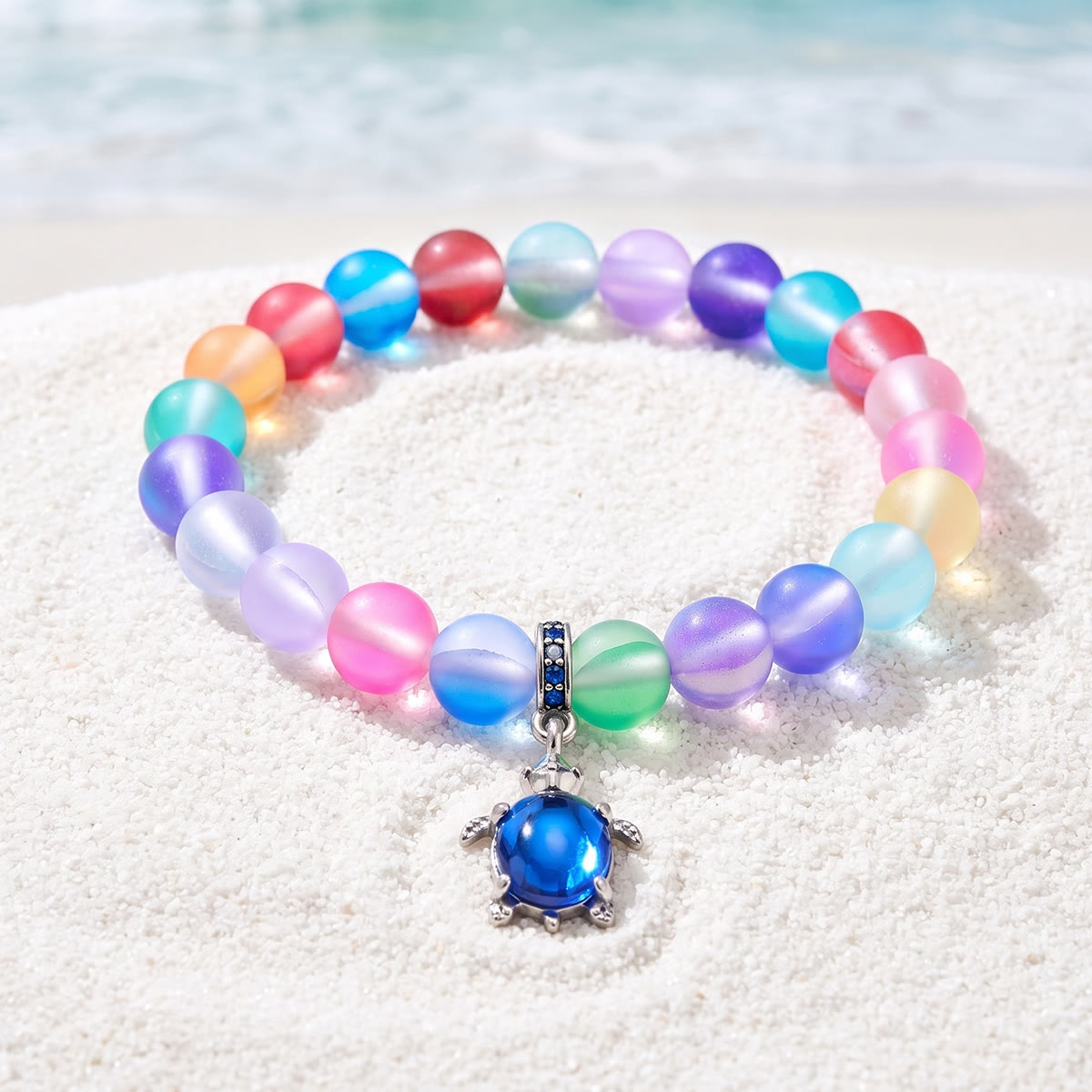 Ocean Conservation Turtle Bracelet For Sea Turtle Lovers - Recycled 8mm Frosted Sea Glass Beads - Rainbow - Approx. 6.93"/17.6cm - image 13