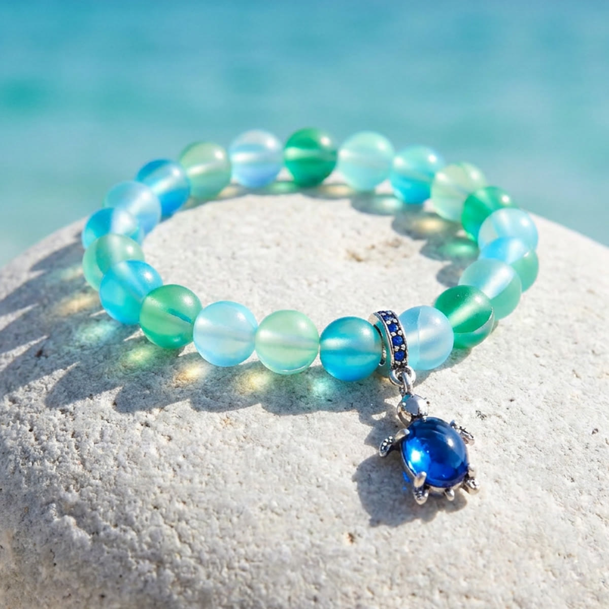 Ocean Conservation Turtle Bracelet For Sea Turtle Lovers - Recycled 8mm Frosted Sea Glass Beads - image 5