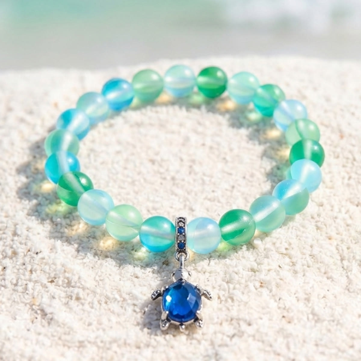 Ocean Conservation Turtle Bracelet For Sea Turtle Lovers - Recycled 8mm Frosted Sea Glass Beads - Green - Approx. 6.93"/17.6cm - image 2