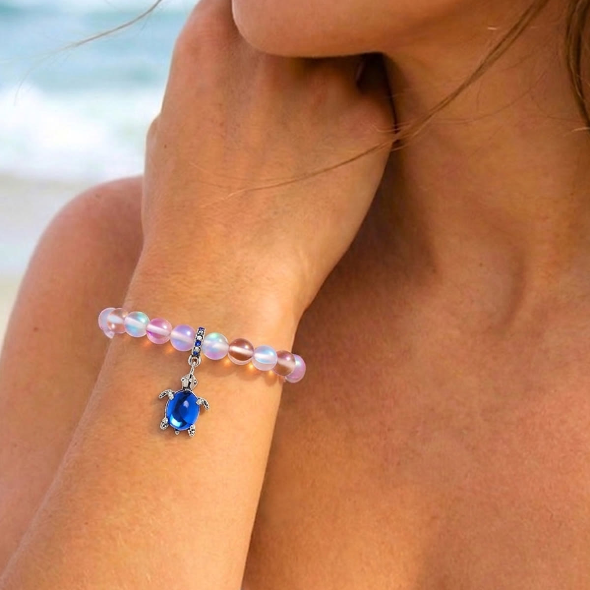 Ocean Conservation Turtle Bracelet For Sea Turtle Lovers - Recycled 8mm Frosted Sea Glass Beads - image 26