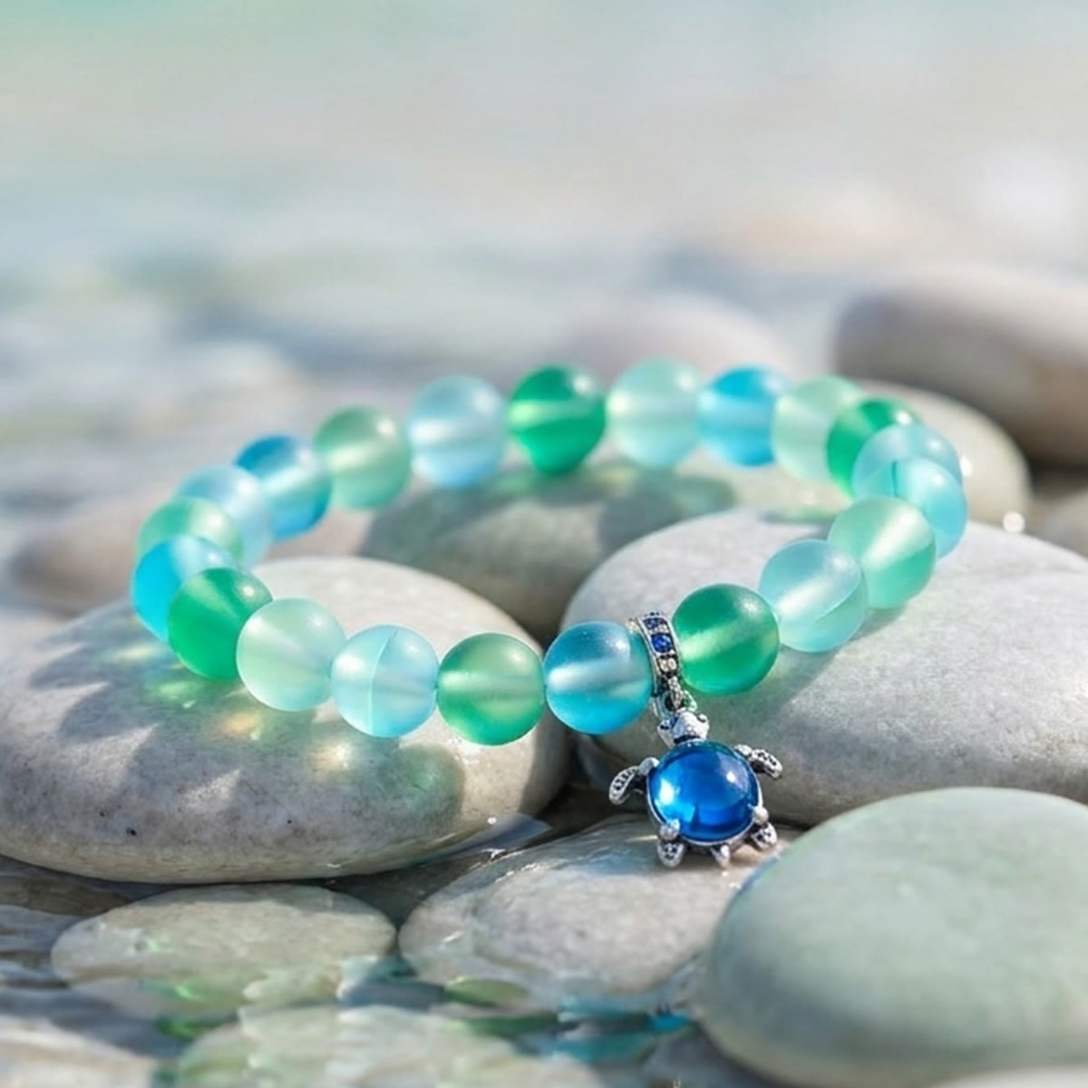 Ocean Conservation Turtle Bracelet For Sea Turtle Lovers - Recycled 8mm Frosted Sea Glass Beads - image 6