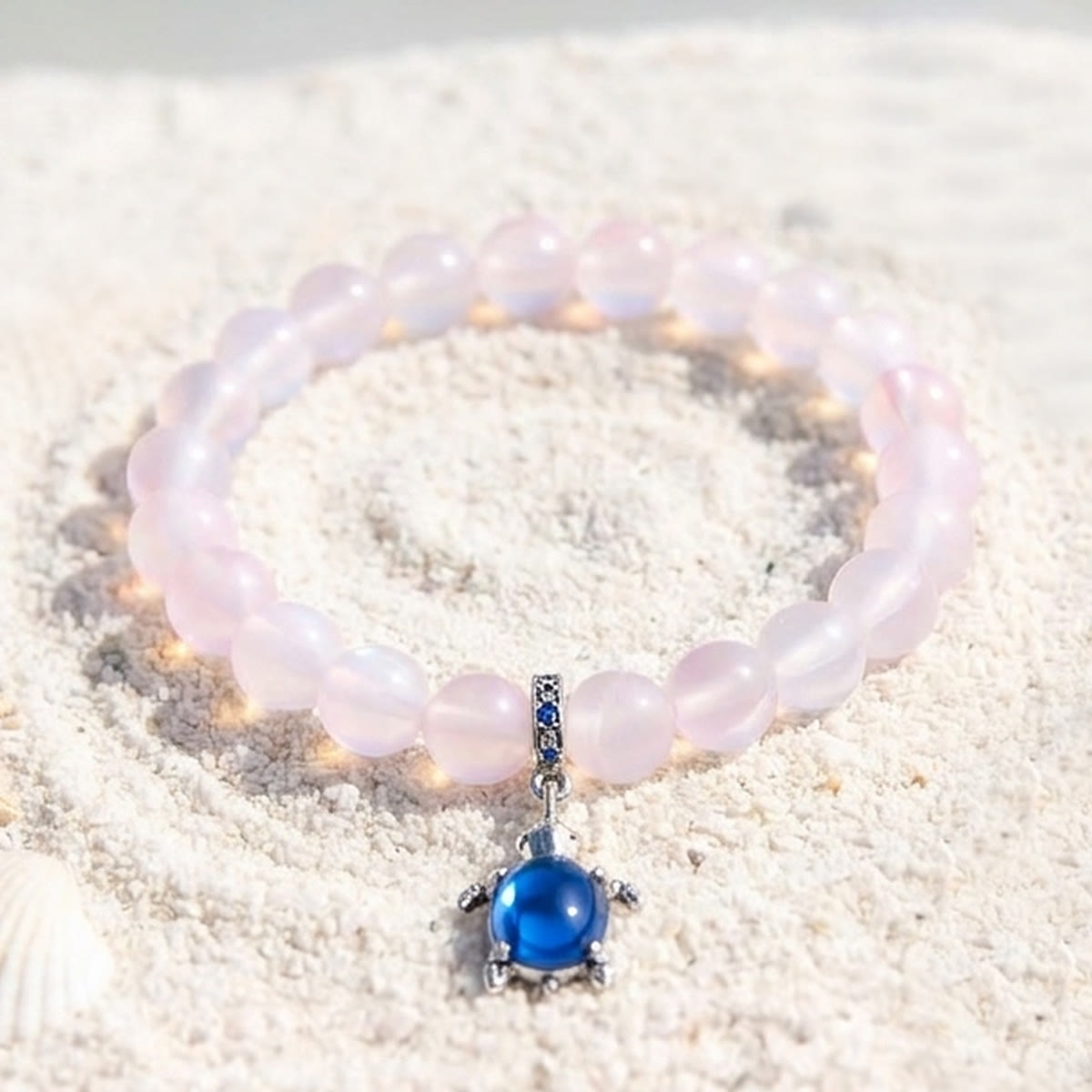 Ocean Conservation Turtle Bracelet For Sea Turtle Lovers - Recycled 8mm Frosted Sea Glass Beads - Light Pink - Approx. 6.93"/17.6cm - image 19