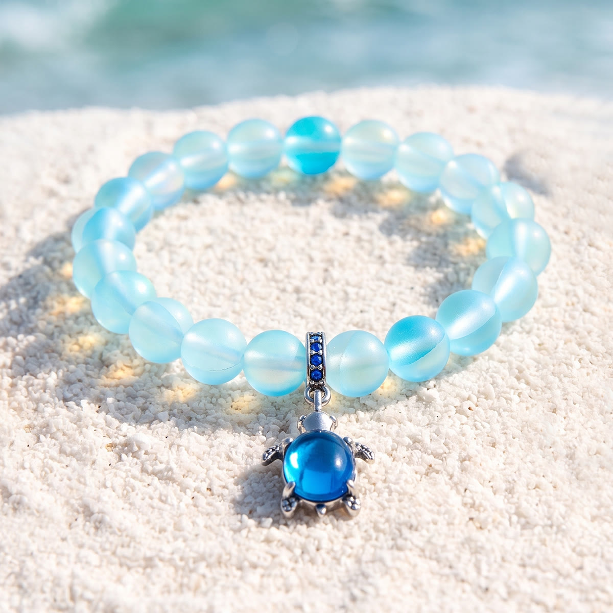 Ocean Conservation Turtle Bracelet For Sea Turtle Lovers - Recycled 8mm Frosted Sea Glass Beads - Light Blue - Approx. 6.93"/17.6cm - image 7