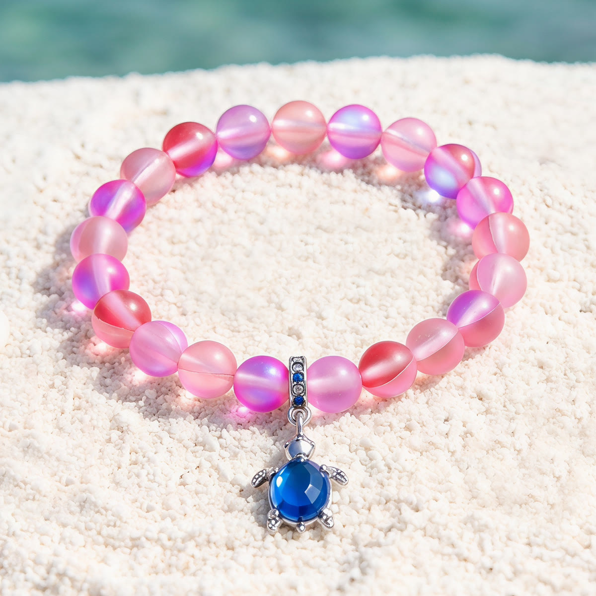 Ocean Conservation Turtle Bracelet For Sea Turtle Lovers - Recycled 8mm Frosted Sea Glass Beads - Rose Red - Approx. 6.93"/17.6cm - image 10