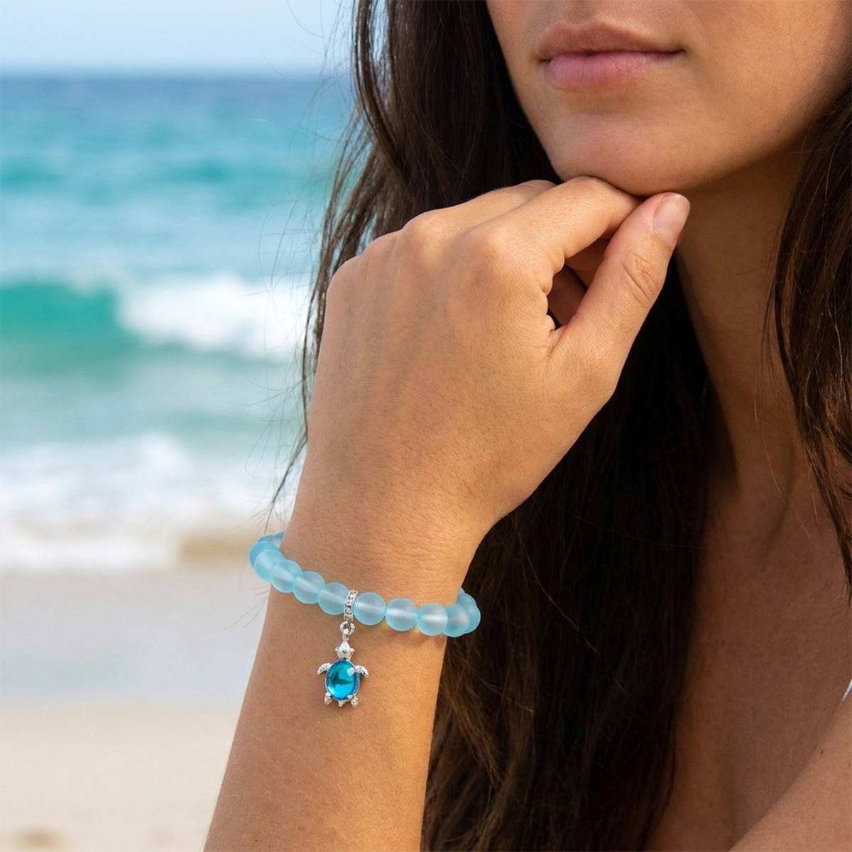 Save Marine Animals Turtle Bracelet - Recycled 8mm Frosted Sea Glass Beads With Crystal Turtle Pendant - image 1