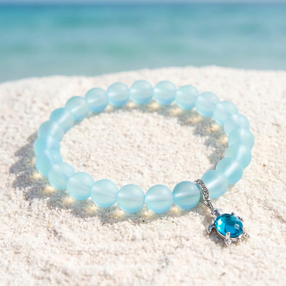 Save Marine Animals Turtle Bracelet - Recycled 8mm Frosted Sea Glass Beads With Crystal Turtle Pendant - Light Blue - Approx. 6.93"/17.6cm - image 2