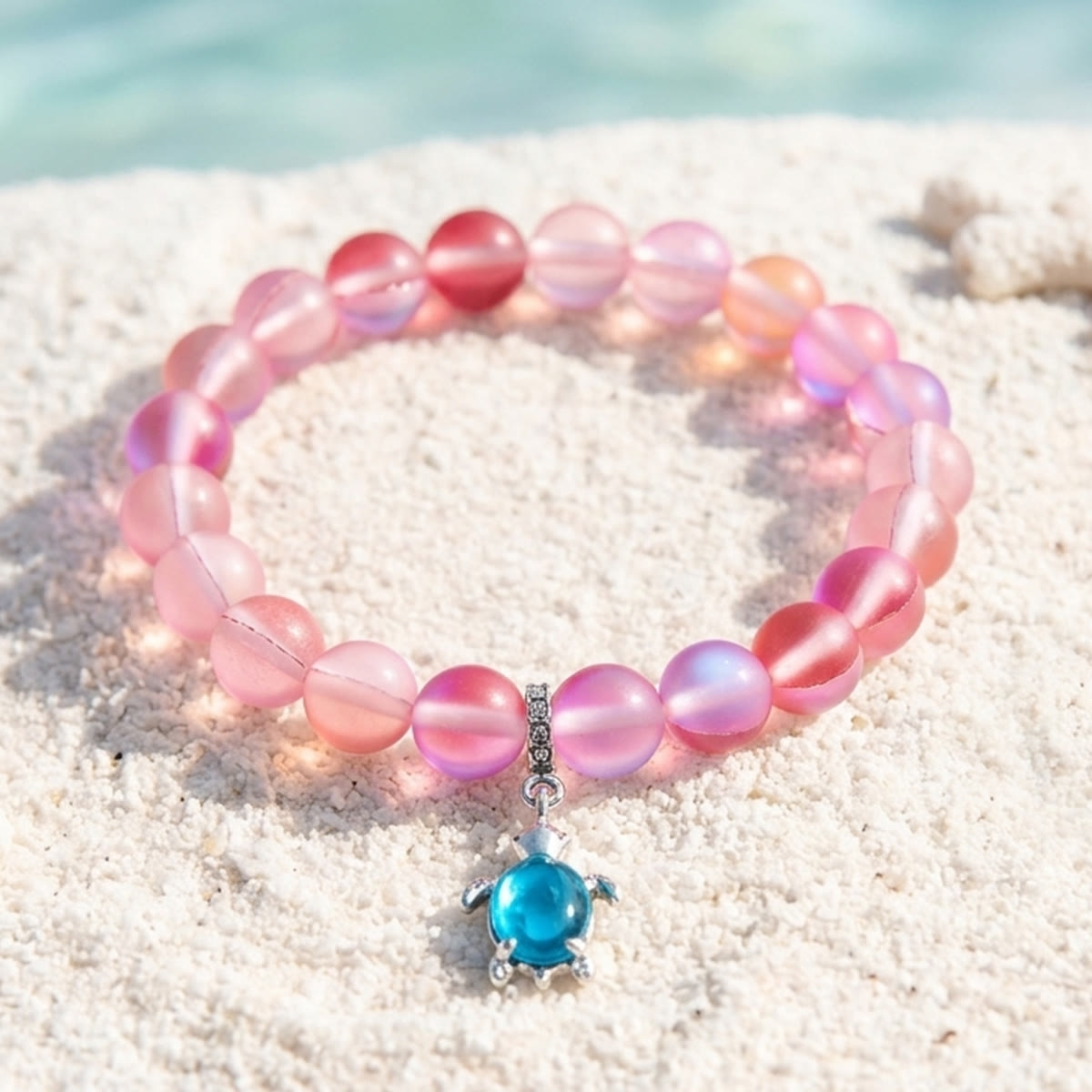 Save Marine Animals Turtle Bracelet - Recycled 8mm Frosted Sea Glass Beads With Crystal Turtle Pendant - Rose Red - Approx. 6.93"/17.6cm - image 9