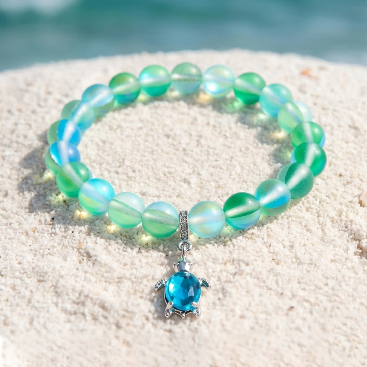 Save Marine Animals Turtle Bracelet - Recycled 8mm Frosted Sea Glass Beads With Crystal Turtle Pendant - Green - Approx. 6.93"/17.6cm - image 7