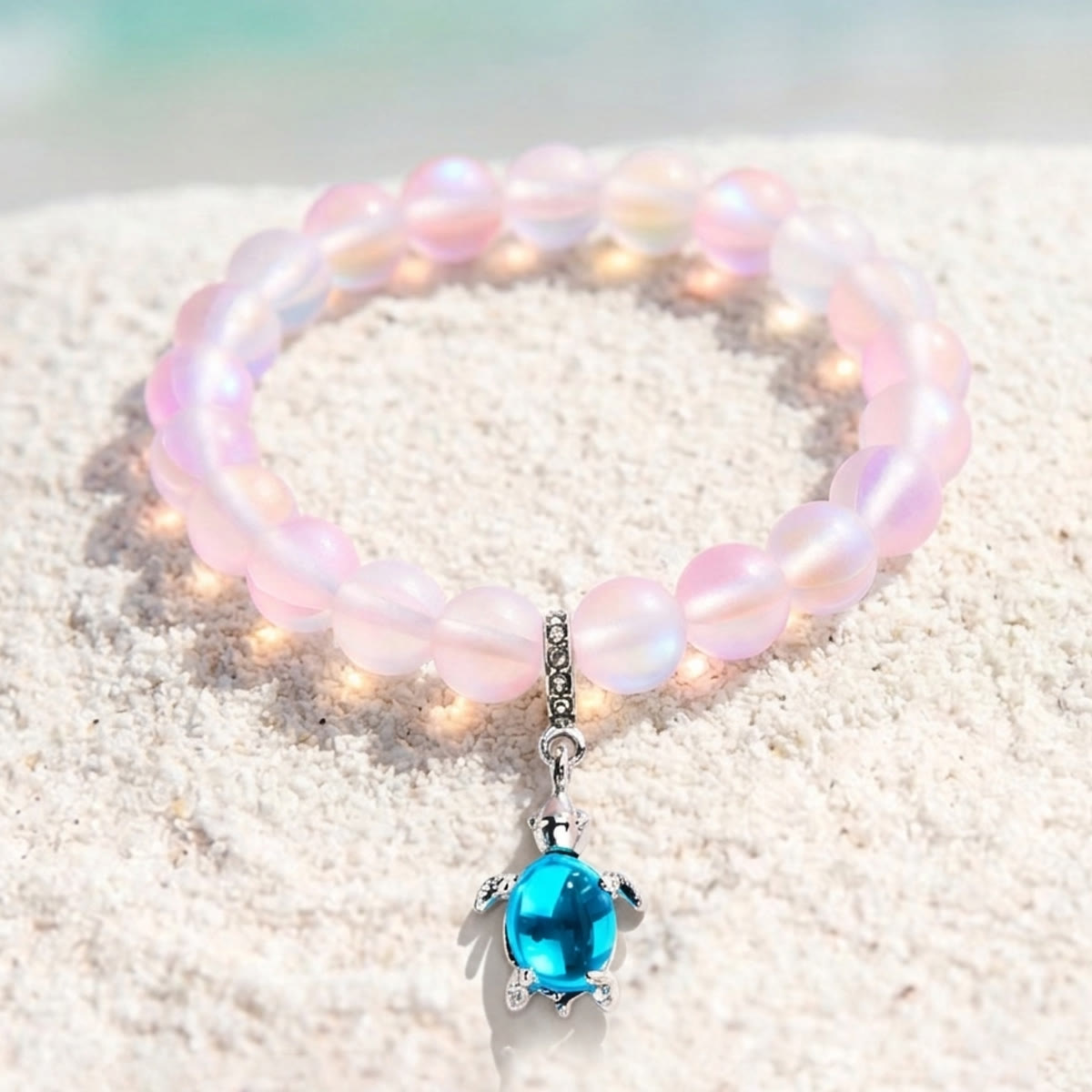 Save Marine Animals Turtle Bracelet - Recycled 8mm Frosted Sea Glass Beads With Crystal Turtle Pendant - Light Pink - Approx. 6.93"/17.6cm - image 18