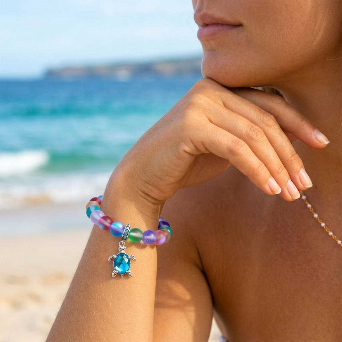 Save Marine Animals Turtle Bracelet - Recycled 8mm Frosted Sea Glass Beads With Crystal Turtle Pendant - image 13