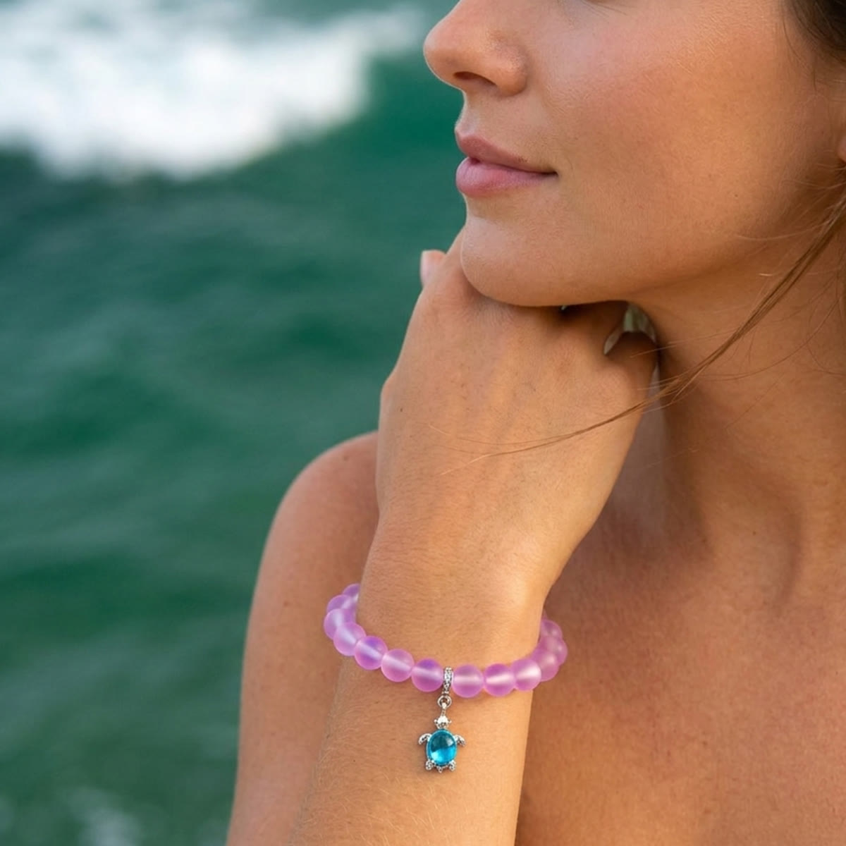 Save Marine Animals Turtle Bracelet - Recycled 8mm Frosted Sea Glass Beads With Crystal Turtle Pendant - image 22
