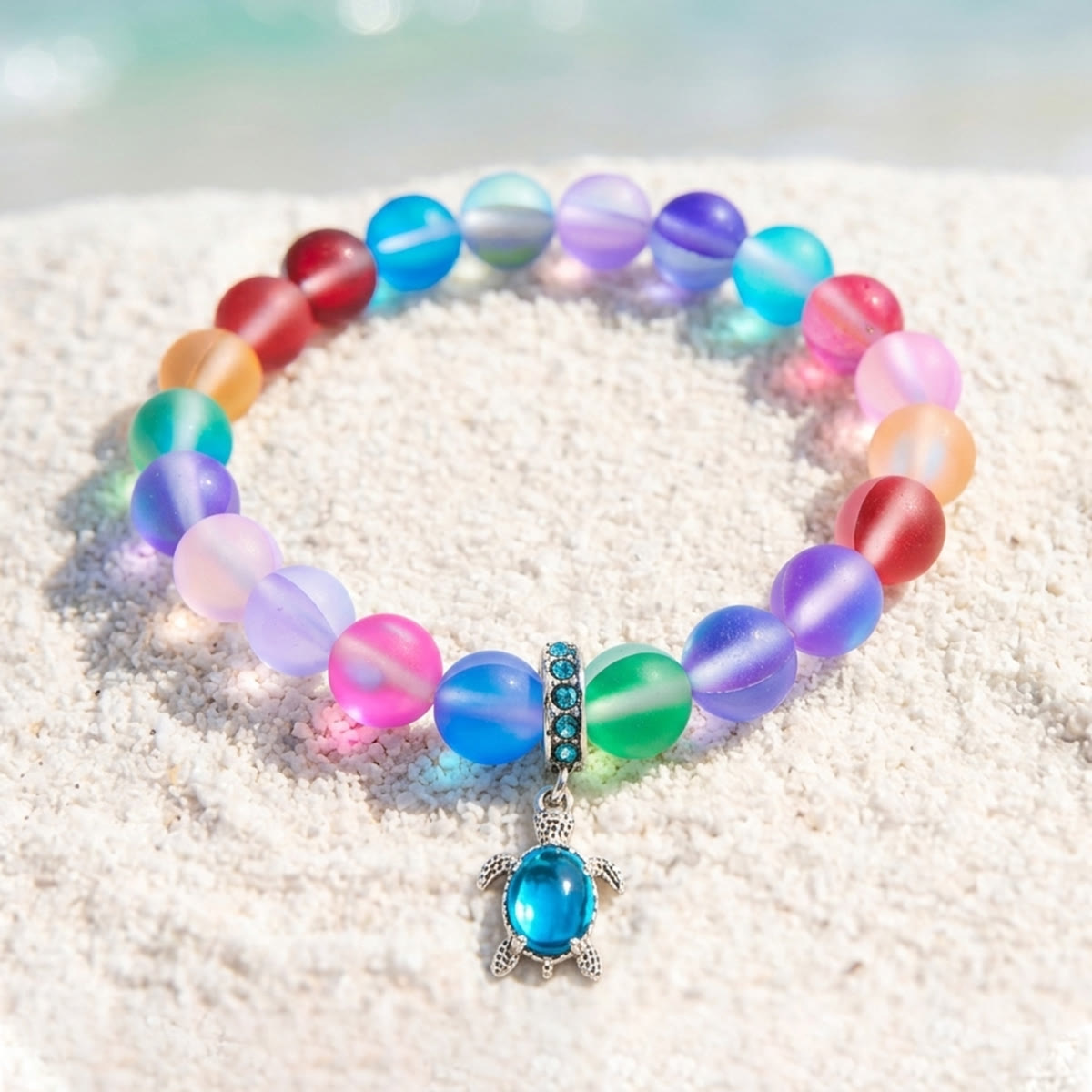 Save Marine Animals Turtle Bracelet - Recycled 8mm Frosted Sea Glass Beads With Crystal Turtle Pendant - Rainbow - Approx. 6.93"/17.6cm - image 12