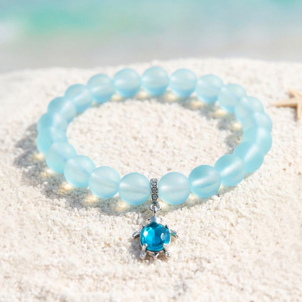 Save Marine Animals Turtle Bracelet - Recycled 8mm Frosted Sea Glass Beads With Crystal Turtle Pendant - image 5