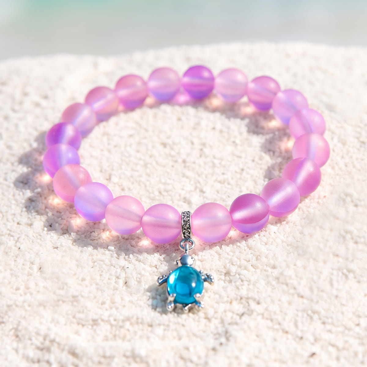Save Marine Animals Turtle Bracelet - Recycled 8mm Frosted Sea Glass Beads With Crystal Turtle Pendant - Pink - Approx. 6.93"/17.6cm - image 21