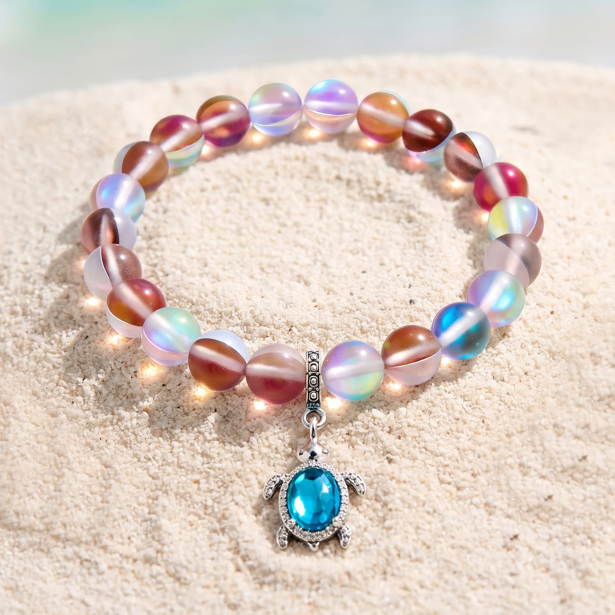 Save Marine Animals Turtle Bracelet - Recycled 8mm Frosted Sea Glass Beads With Crystal Turtle Pendant - Red - Approx. 6.93"/17.6cm - image 24