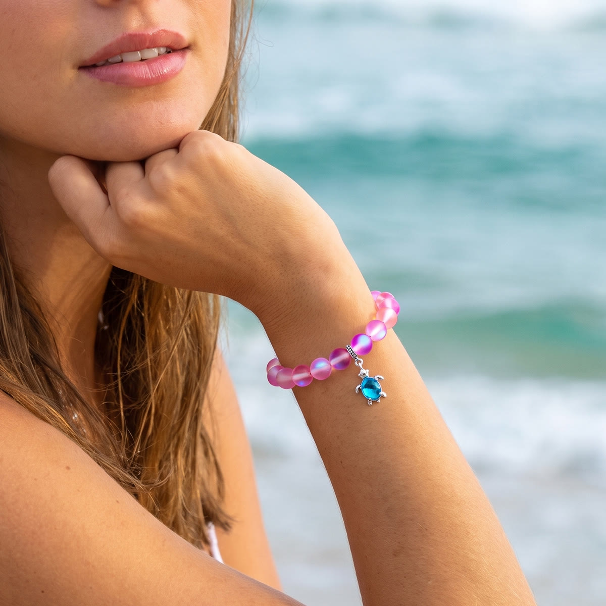 Save Marine Animals Turtle Bracelet - Recycled 8mm Frosted Sea Glass Beads With Crystal Turtle Pendant - image 10