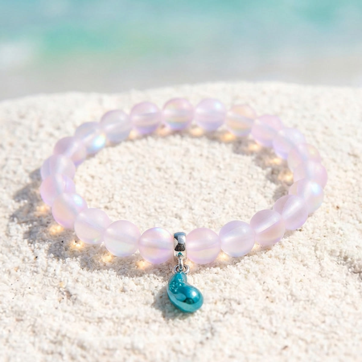 Supports Marine Life Ocean Drop Bracelet - Recycled 8mm Frosted Sea Glass Beads With Blue Teardrop Charm - Light Pink - Approx. 6.93"/17.6cm - image 19