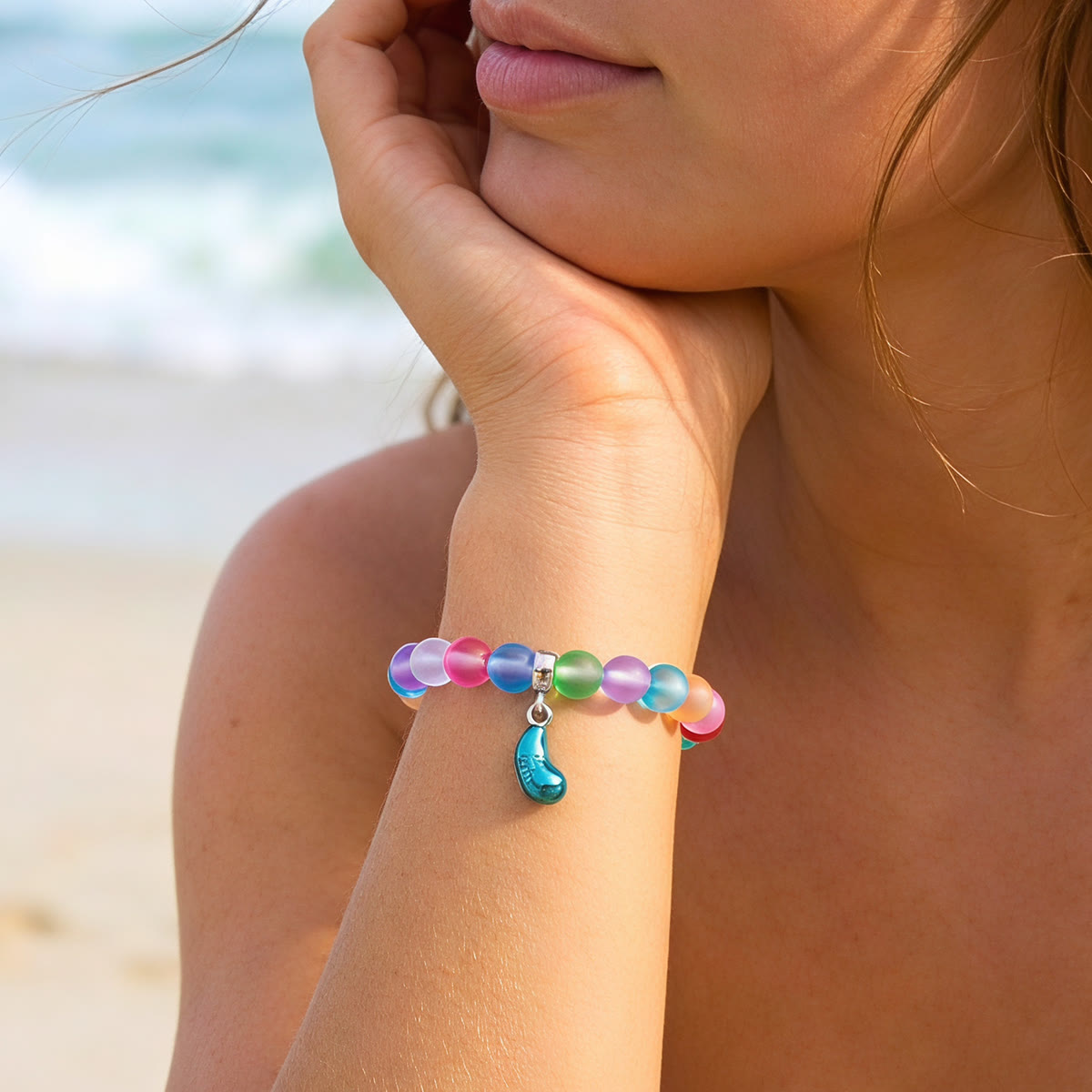Supports Marine Life Ocean Drop Bracelet - Recycled 8mm Frosted Sea Glass Beads With Blue Teardrop Charm - image 14