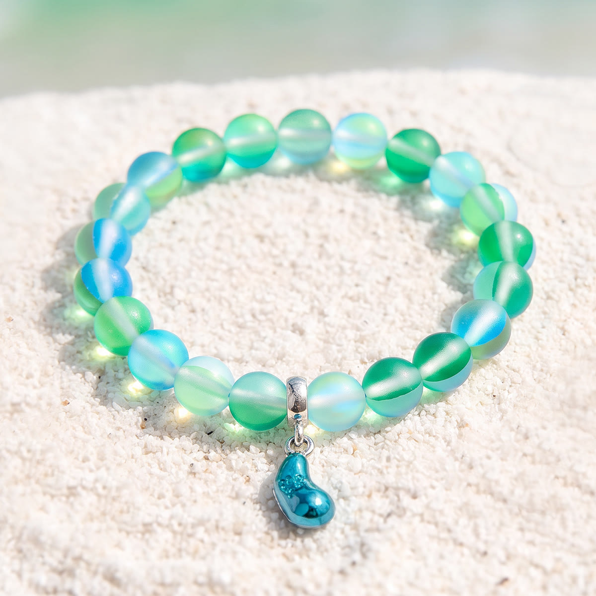 Supports Marine Life Ocean Drop Bracelet - Recycled 8mm Frosted Sea Glass Beads With Blue Teardrop Charm - Green - Approx. 6.93"/17.6cm - image 7