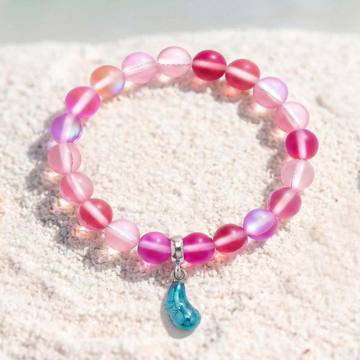 Supports Marine Life Ocean Drop Bracelet - Recycled 8mm Frosted Sea Glass Beads With Blue Teardrop Charm - Rose Red - Approx. 6.93"/17.6cm - image 10