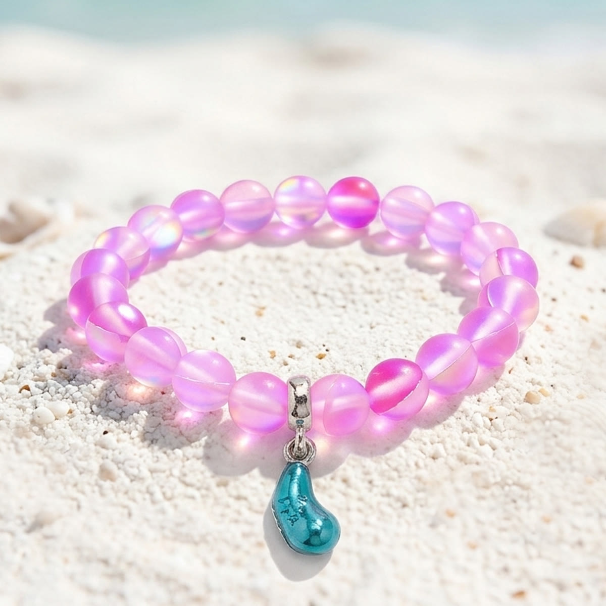 Supports Marine Life Ocean Drop Bracelet - Recycled 8mm Frosted Sea Glass Beads With Blue Teardrop Charm - Pink - Approx. 6.93"/17.6cm - image 22