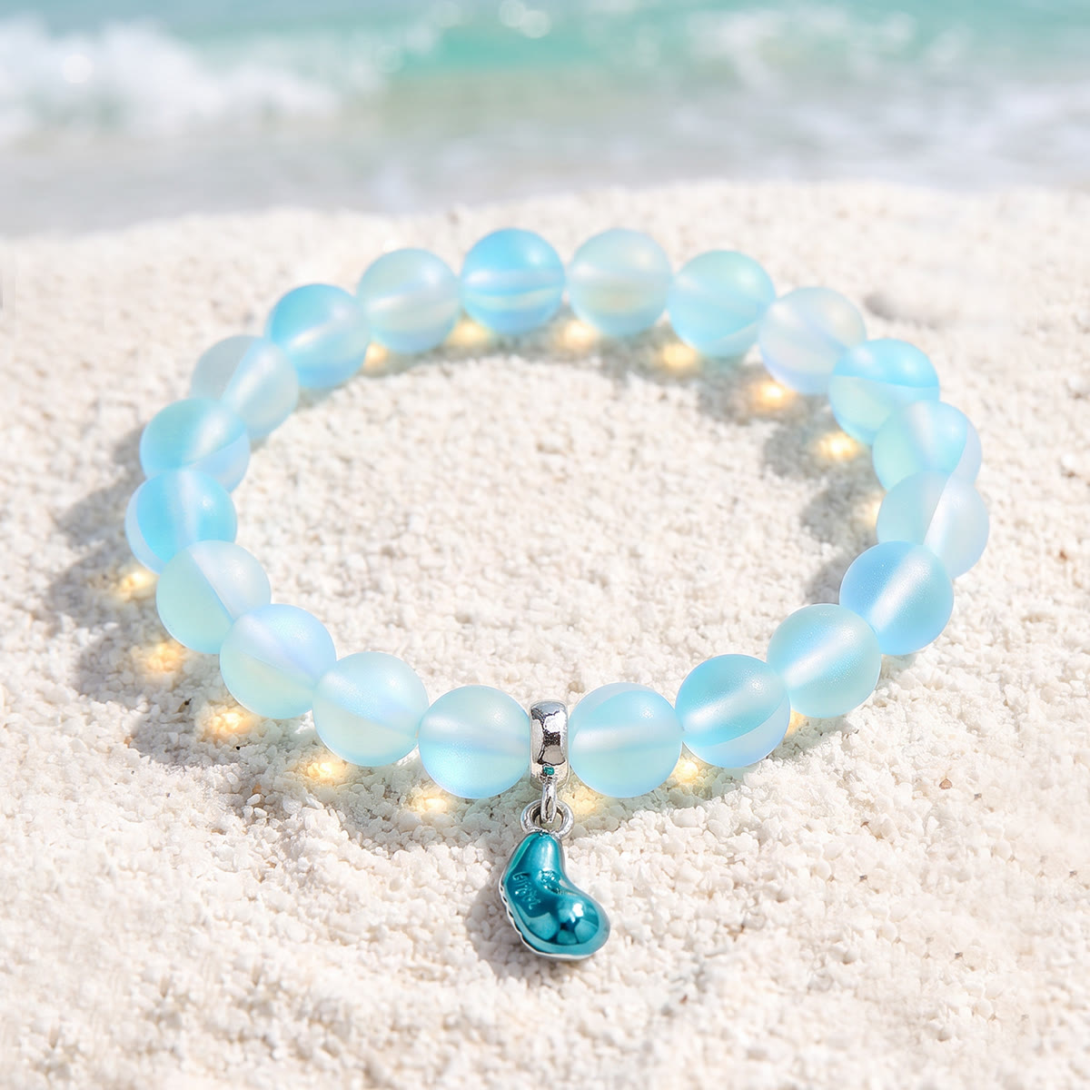 Supports Marine Life Ocean Drop Bracelet - Recycled 8mm Frosted Sea Glass Beads With Blue Teardrop Charm - Light Blue - Approx. 6.93"/17.6cm - image 2