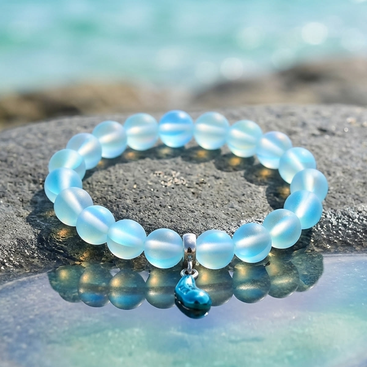 Supports Marine Life Ocean Drop Bracelet - Recycled 8mm Frosted Sea Glass Beads With Blue Teardrop Charm - image 5