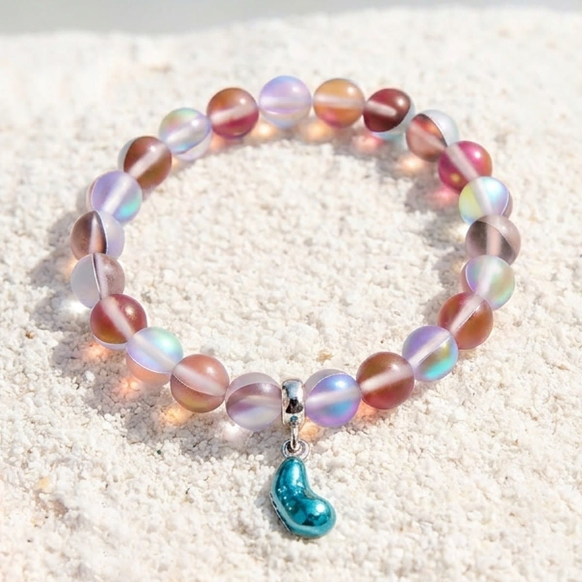 Supports Marine Life Ocean Drop Bracelet - Recycled 8mm Frosted Sea Glass Beads With Blue Teardrop Charm - Red - Approx. 6.93"/17.6cm - image 25