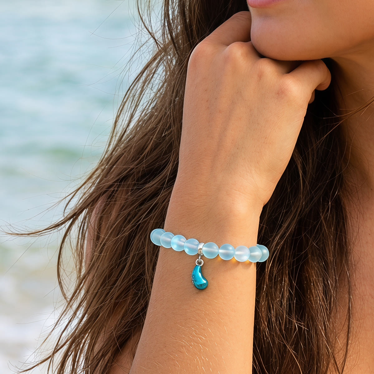 Supports Marine Life Ocean Drop Bracelet - Recycled 8mm Frosted Sea Glass Beads With Blue Teardrop Charm - image 1