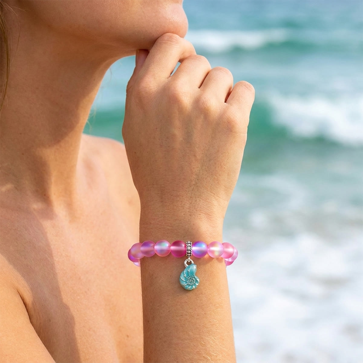 Aqua Blue Conch Bracelet - Recycled 8mm Frosted Sea Glass Beads That Save Marine Life - image 11