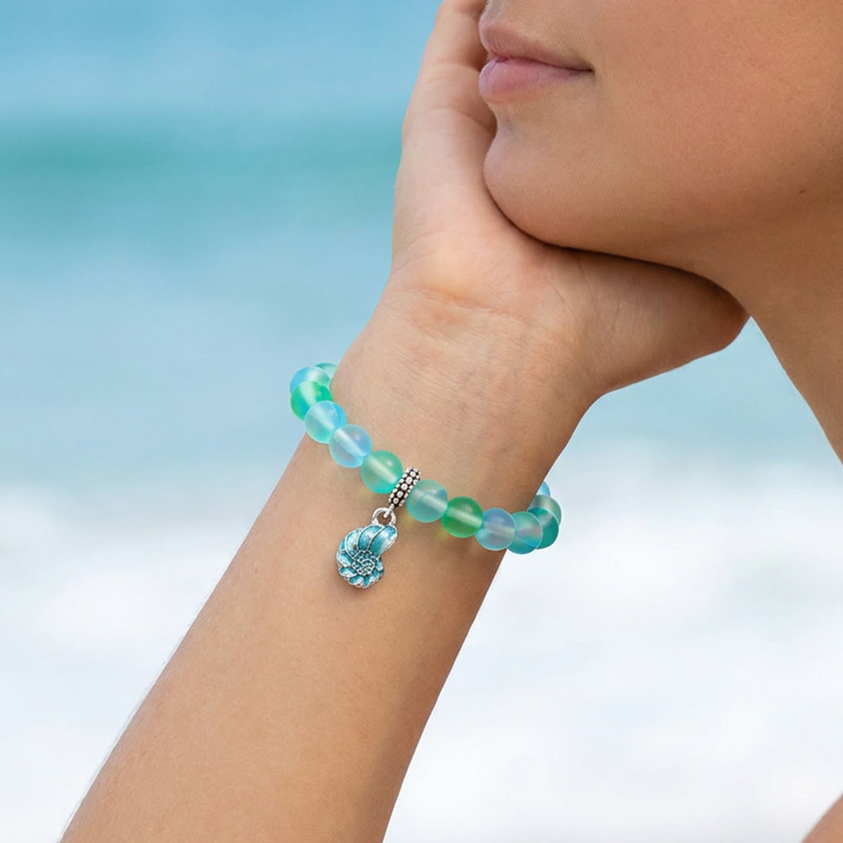 Aqua Blue Conch Bracelet - Recycled 8mm Frosted Sea Glass Beads That Save Marine Life - image 8