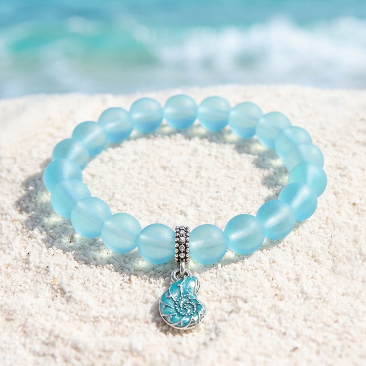 Aqua Blue Conch Bracelet - Recycled 8mm Frosted Sea Glass Beads That Save Marine Life - Light Blue - Approx. 6.93"/17.6cm - image 2