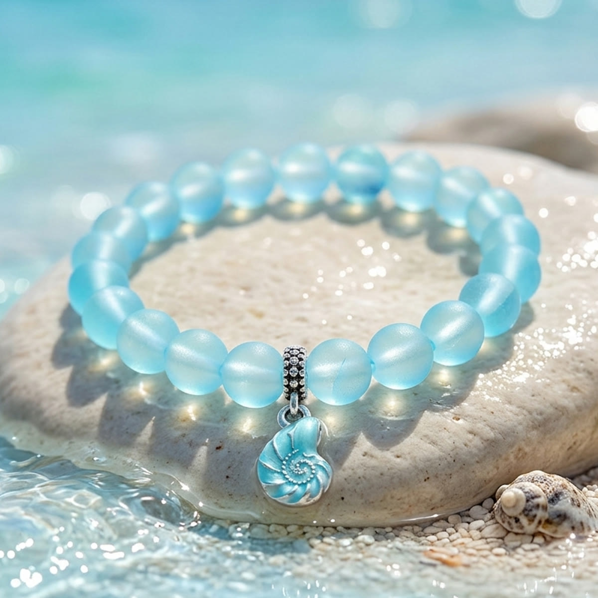 Aqua Blue Conch Bracelet - Recycled 8mm Frosted Sea Glass Beads That Save Marine Life - image 6