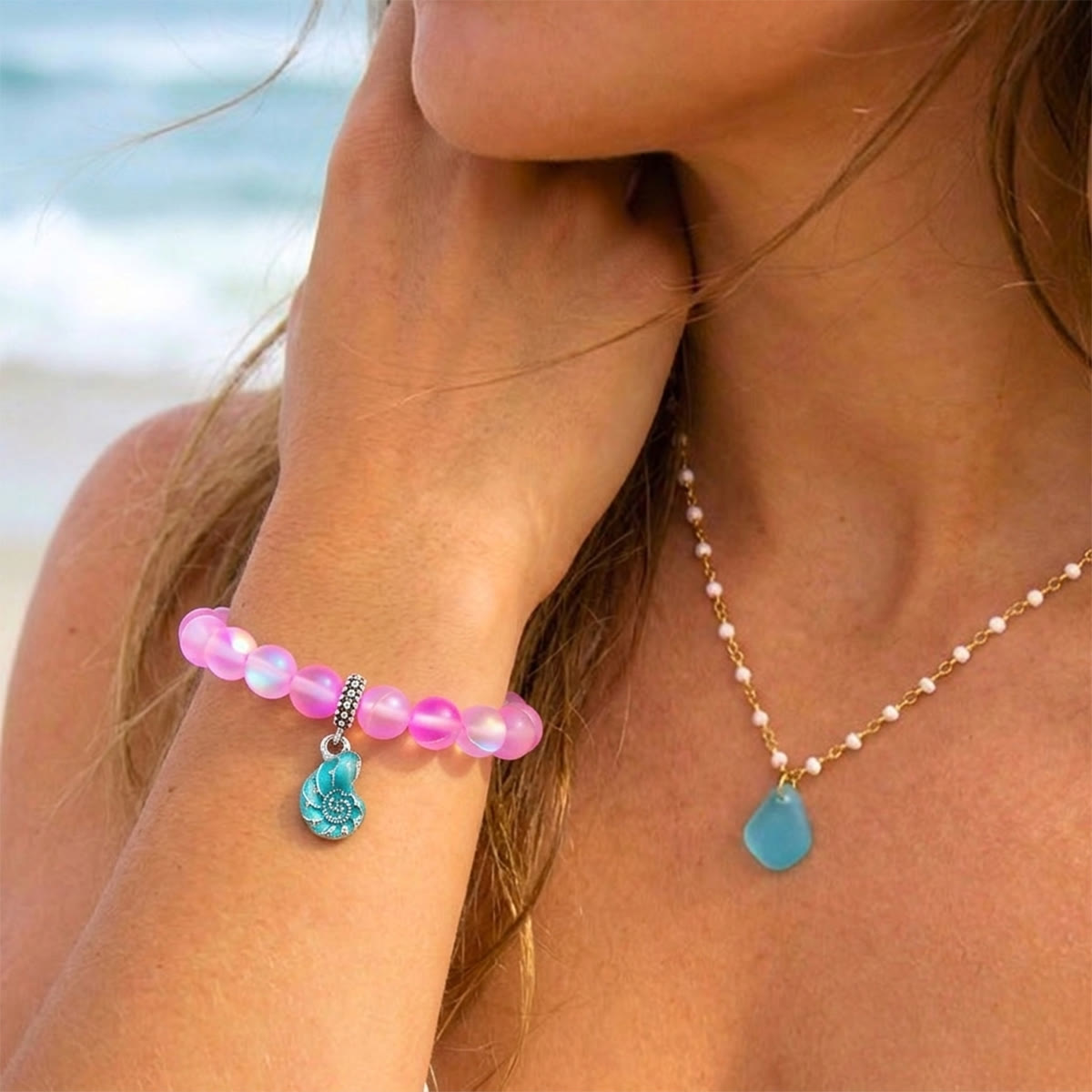 Aqua Blue Conch Bracelet - Recycled 8mm Frosted Sea Glass Beads That Save Marine Life - image 23