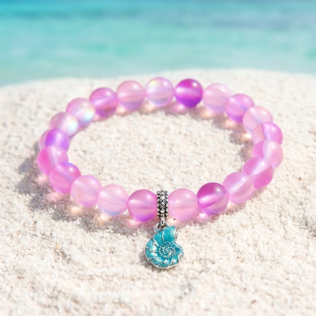 Aqua Blue Conch Bracelet - Recycled 8mm Frosted Sea Glass Beads That Save Marine Life - Pink - Approx. 6.93"/17.6cm - image 22