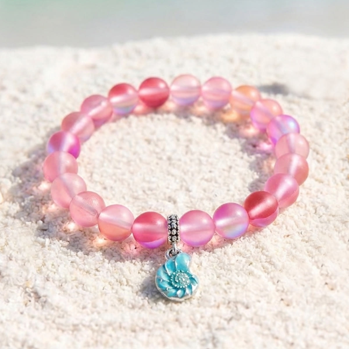 Aqua Blue Conch Bracelet - Recycled 8mm Frosted Sea Glass Beads That Save Marine Life - Rose Red - Approx. 6.93"/17.6cm - image 10