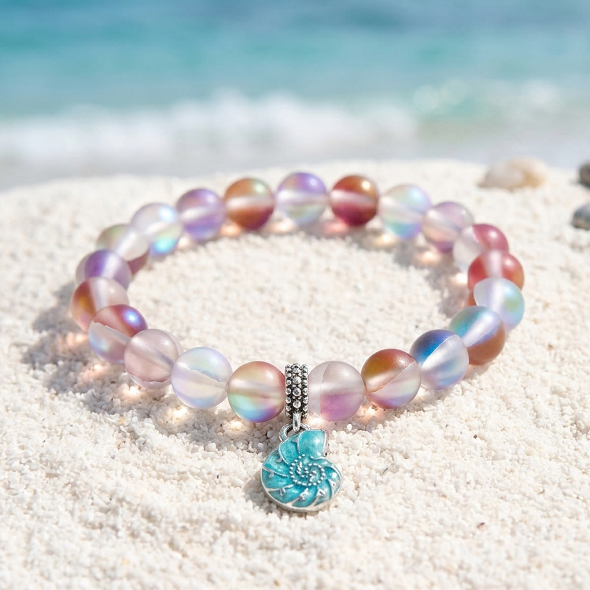 Aqua Blue Conch Bracelet - Recycled 8mm Frosted Sea Glass Beads That Save Marine Life - Red - Approx. 6.93"/17.6cm - image 25