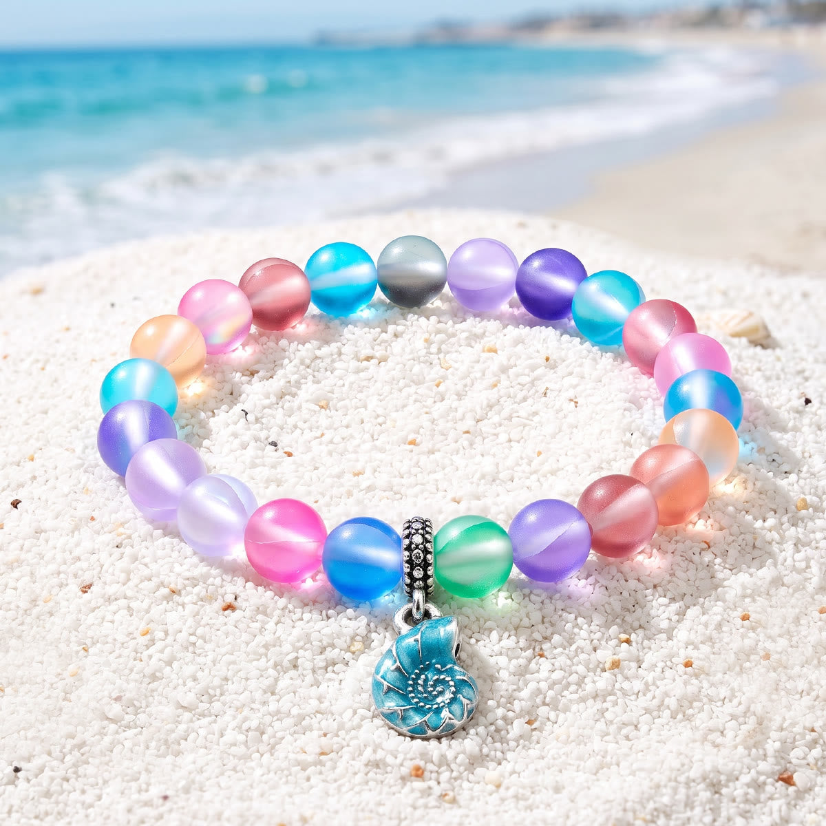 Aqua Blue Conch Bracelet - Recycled 8mm Frosted Sea Glass Beads That Save Marine Life - Rainbow - Approx. 6.93"/17.6cm - image 13