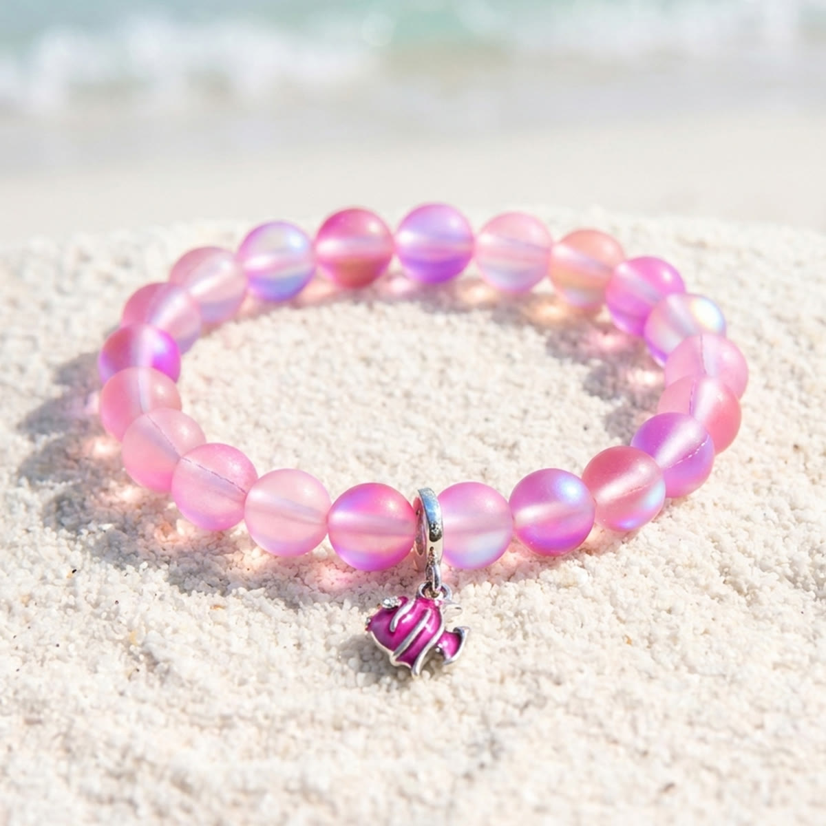 Pink Tropical Fish Bracelet - Recycled 8mm Frosted Sea Glass Beads For Ocean Conservation - Rose Red - Approx. 6.93"/17.6cm - image 2