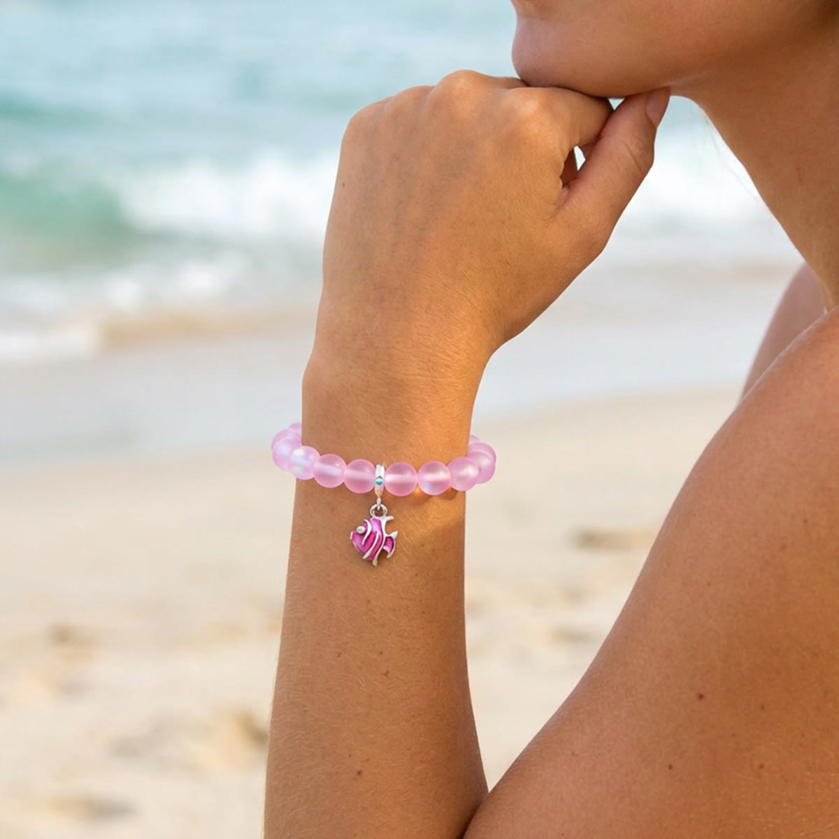 Pink Tropical Fish Bracelet - Recycled 8mm Frosted Sea Glass Beads For Ocean Conservation - image 23