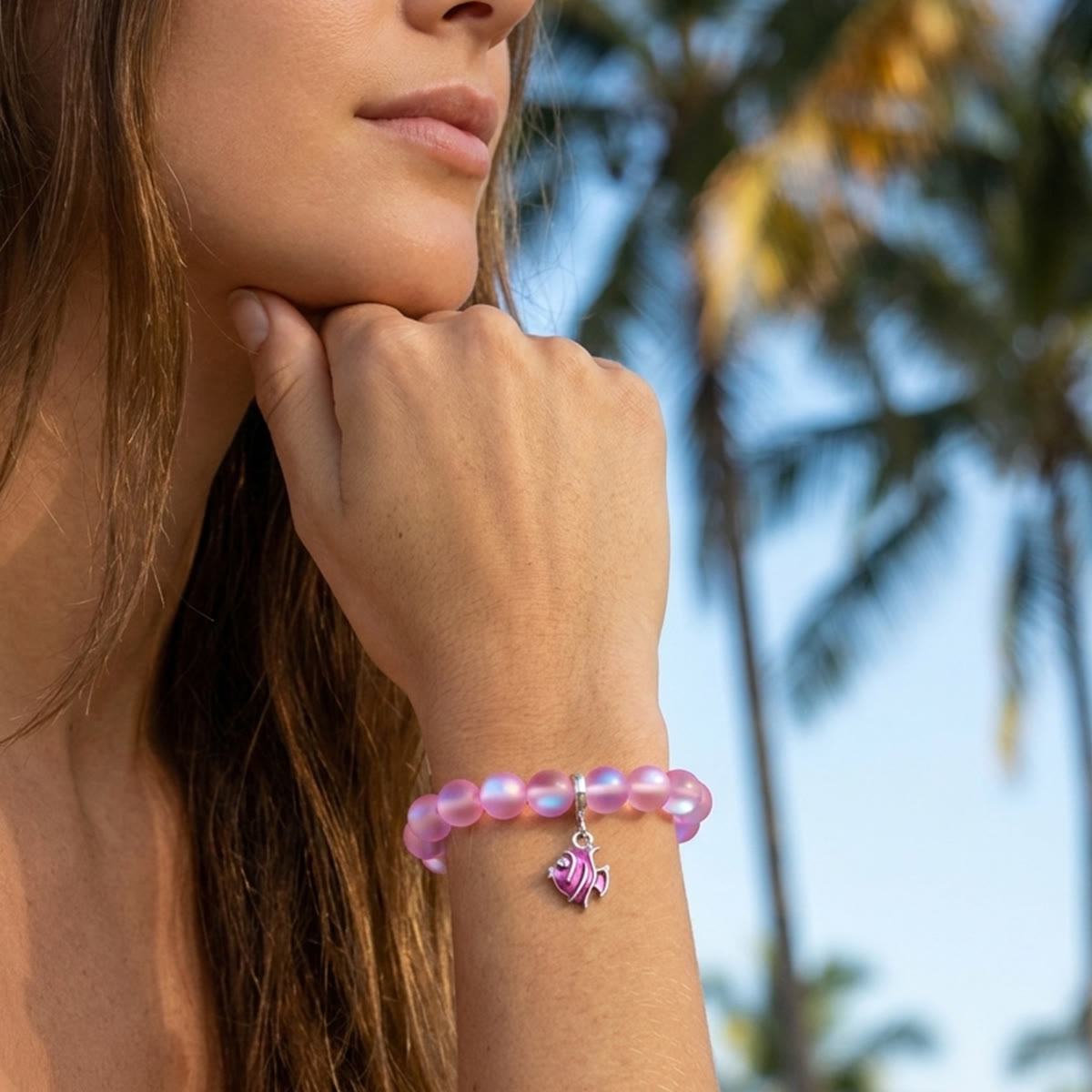 Pink Tropical Fish Bracelet - Recycled 8mm Frosted Sea Glass Beads For Ocean Conservation - image 1