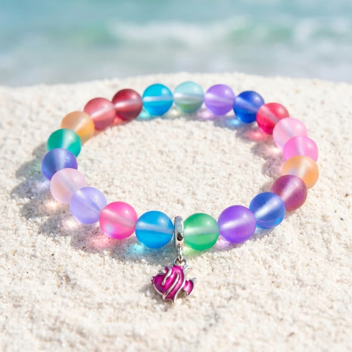Pink Tropical Fish Bracelet - Recycled 8mm Frosted Sea Glass Beads For Ocean Conservation - Rainbow - Approx. 6.93"/17.6cm - image 13