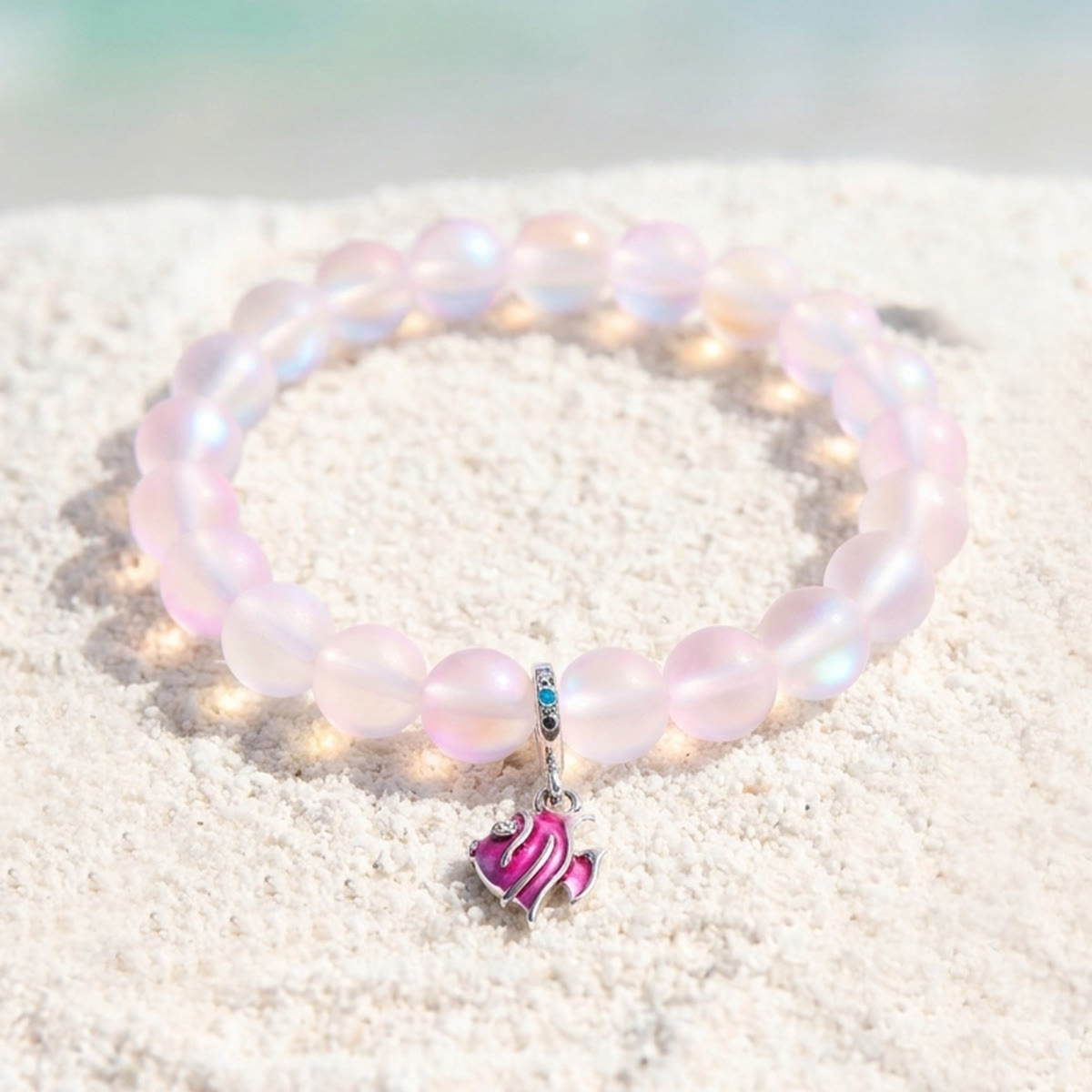 Pink Tropical Fish Bracelet - Recycled 8mm Frosted Sea Glass Beads For Ocean Conservation - Light Pink - Approx. 6.93"/17.6cm - image 19