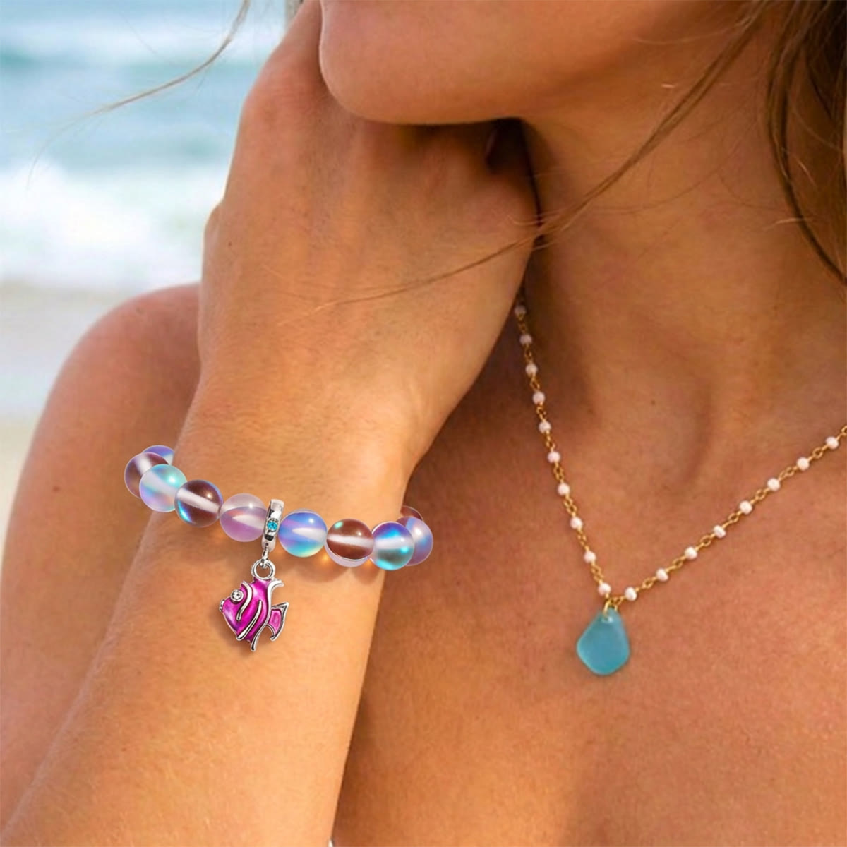 Pink Tropical Fish Bracelet - Recycled 8mm Frosted Sea Glass Beads For Ocean Conservation - image 26