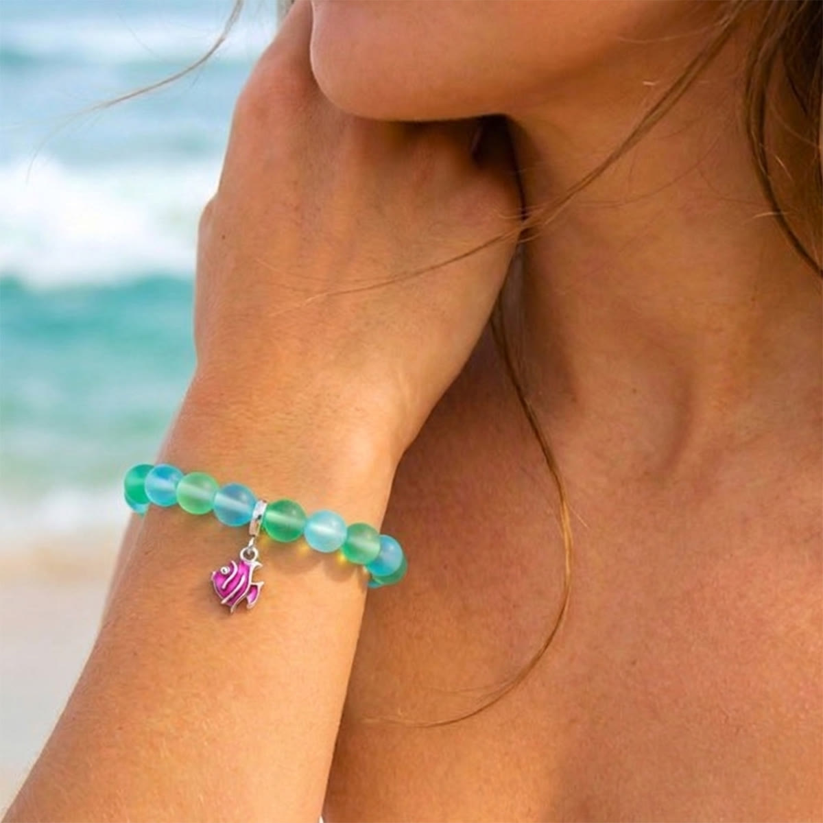 Pink Tropical Fish Bracelet - Recycled 8mm Frosted Sea Glass Beads For Ocean Conservation - image 11