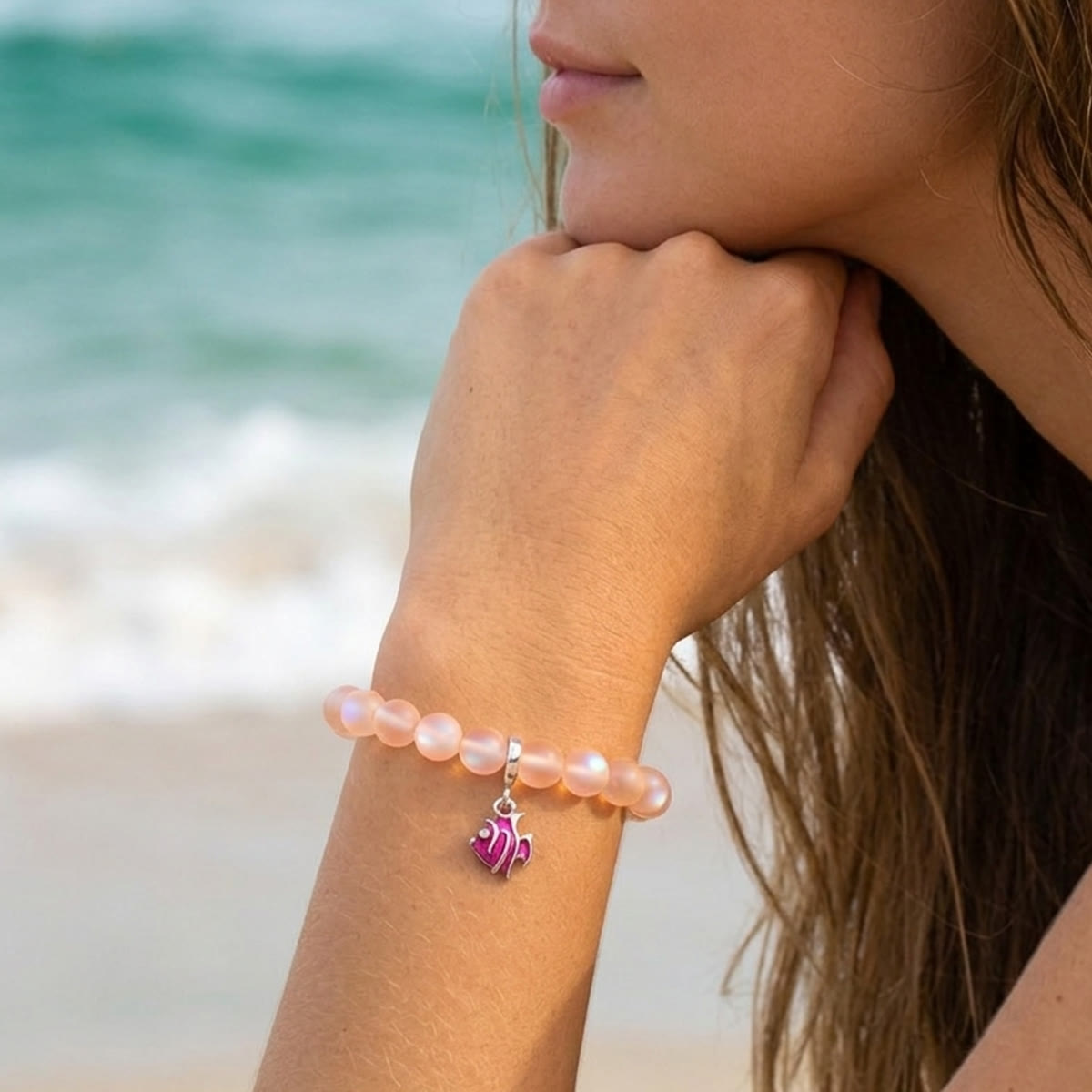 Pink Tropical Fish Bracelet - Recycled 8mm Frosted Sea Glass Beads For Ocean Conservation - image 17